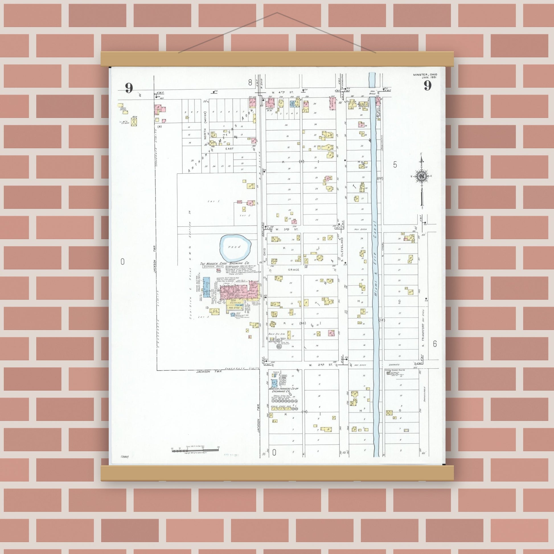 Old map wall art mockup — magnetic wood frame on brick wall — Sanborn Fire Insurance Map from Minster, Auglaize County, Ohio (1951), Sheet #0009