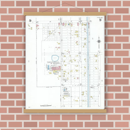 Old map wall art mockup — magnetic wood frame on brick wall — Sanborn Fire Insurance Map from Minster, Auglaize County, Ohio (1951), Sheet #0009
