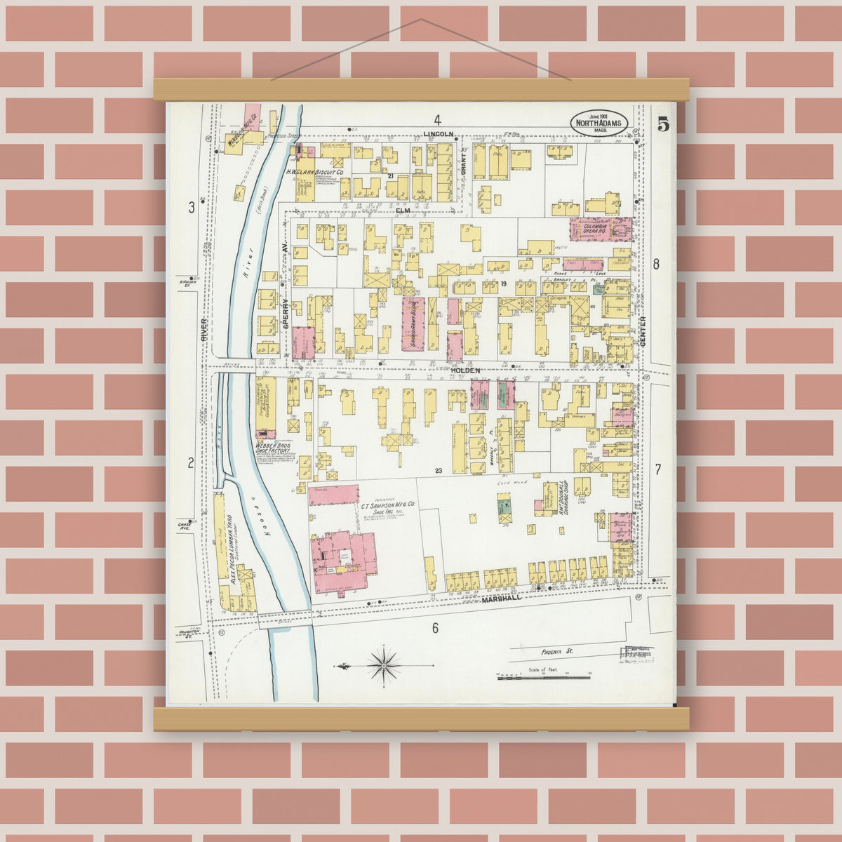Old map wall art mockup — magnetic wood frame on brick wall — Sanborn Fire Insurance Map from North Adams, Berkshire County, Massachusetts (1901), Sheet #0005
