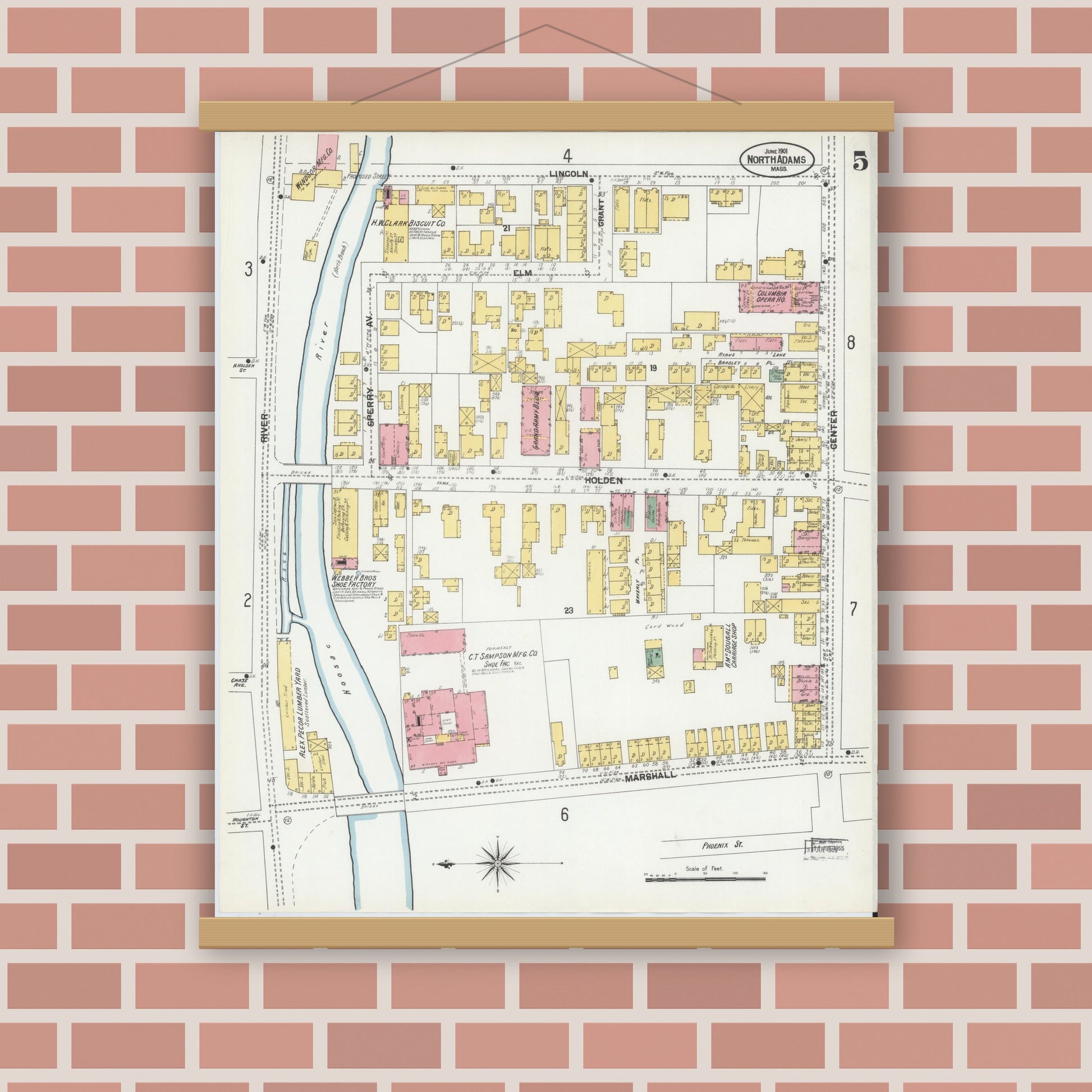 Old map wall art mockup — magnetic wood frame on brick wall — Sanborn Fire Insurance Map from North Adams, Berkshire County, Massachusetts (1901), Sheet #0005