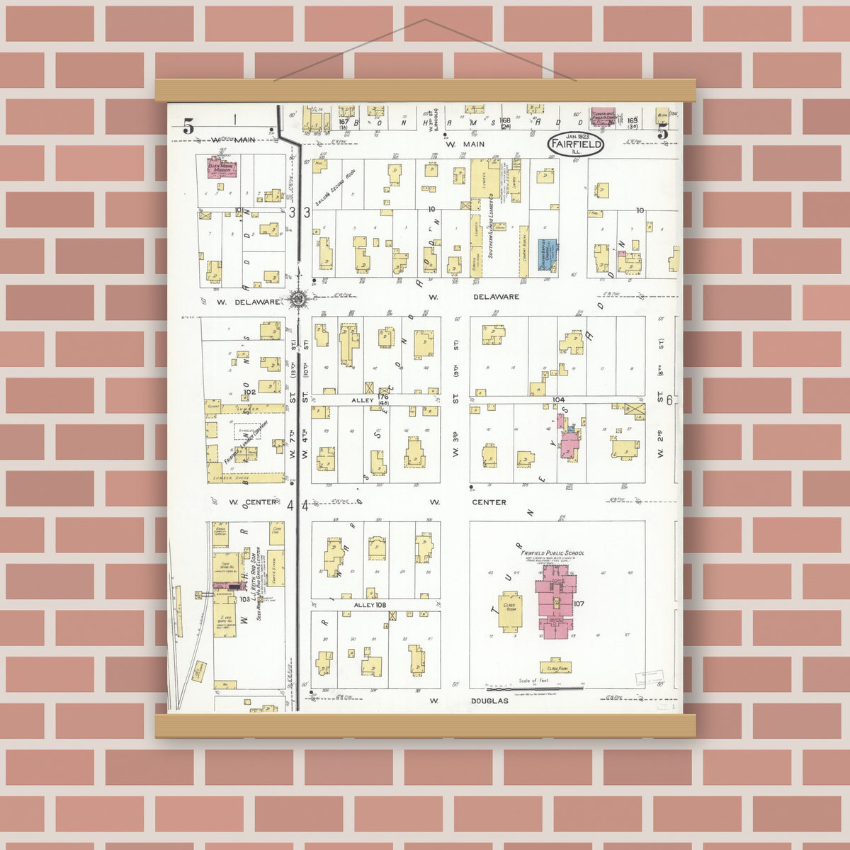 Old map wall art mockup — magnetic wood frame on brick wall — Sanborn Fire Insurance Map from Fairfield, Wayne County, Illinois (1923), Sheet #0005