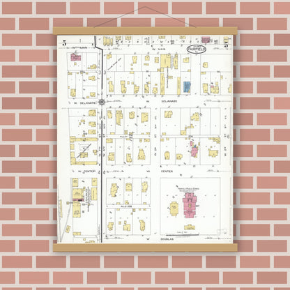 Old map wall art mockup — magnetic wood frame on brick wall — Sanborn Fire Insurance Map from Fairfield, Wayne County, Illinois (1923), Sheet #0005