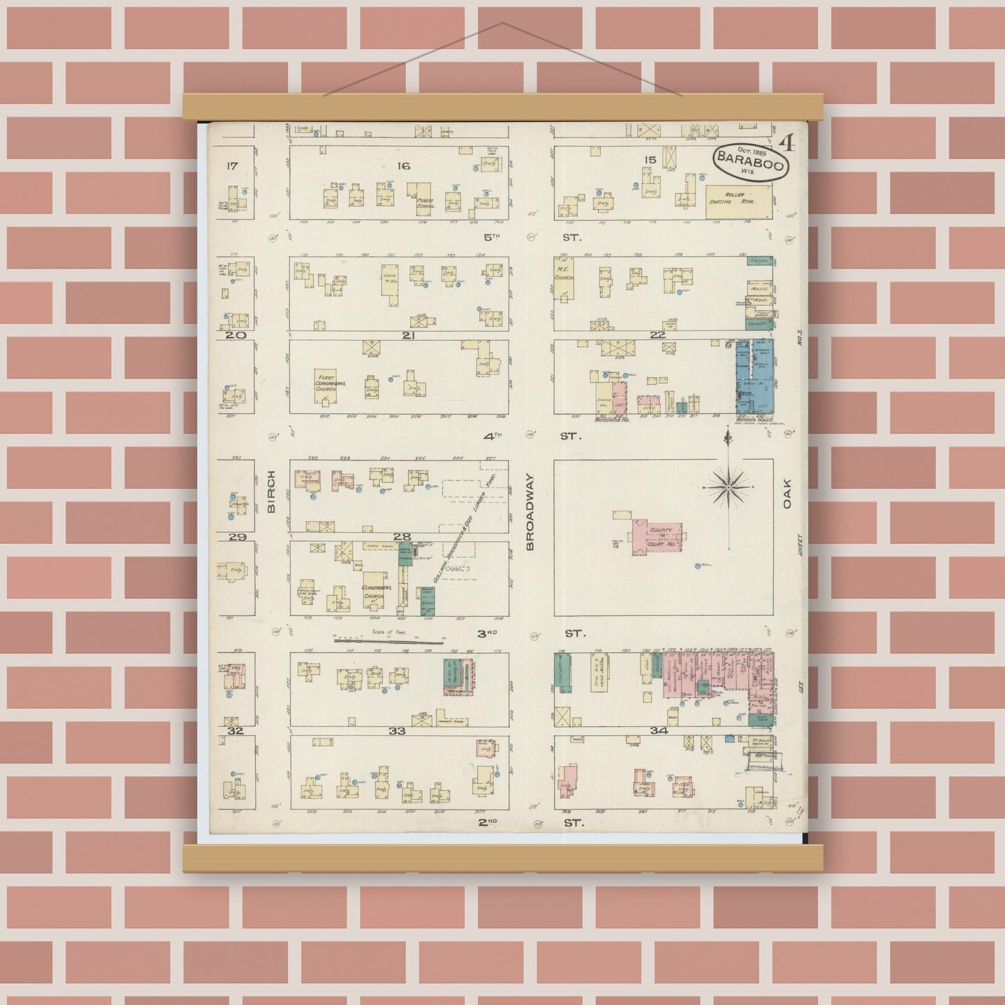 Old map wall art mockup — magnetic wood frame on brick wall — Sanborn Fire Insurance Map from Baraboo, Sauk County, Wisconsin (1885), Sheet #0004