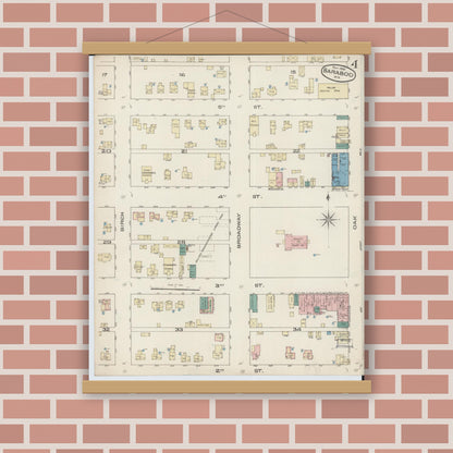 Old map wall art mockup — magnetic wood frame on brick wall — Sanborn Fire Insurance Map from Baraboo, Sauk County, Wisconsin (1885), Sheet #0004