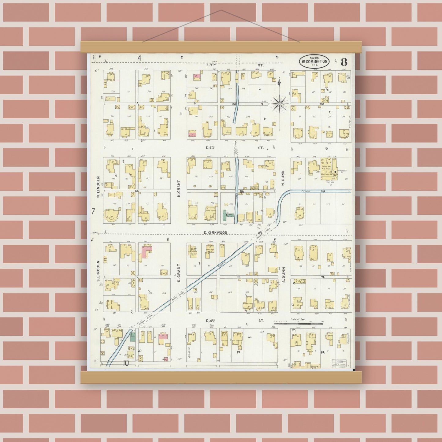 Old map wall art mockup — magnetic wood frame on brick wall — Sanborn Fire Insurance Map from Bloomington, Monroe County, Indiana (1898), Sheet #0008