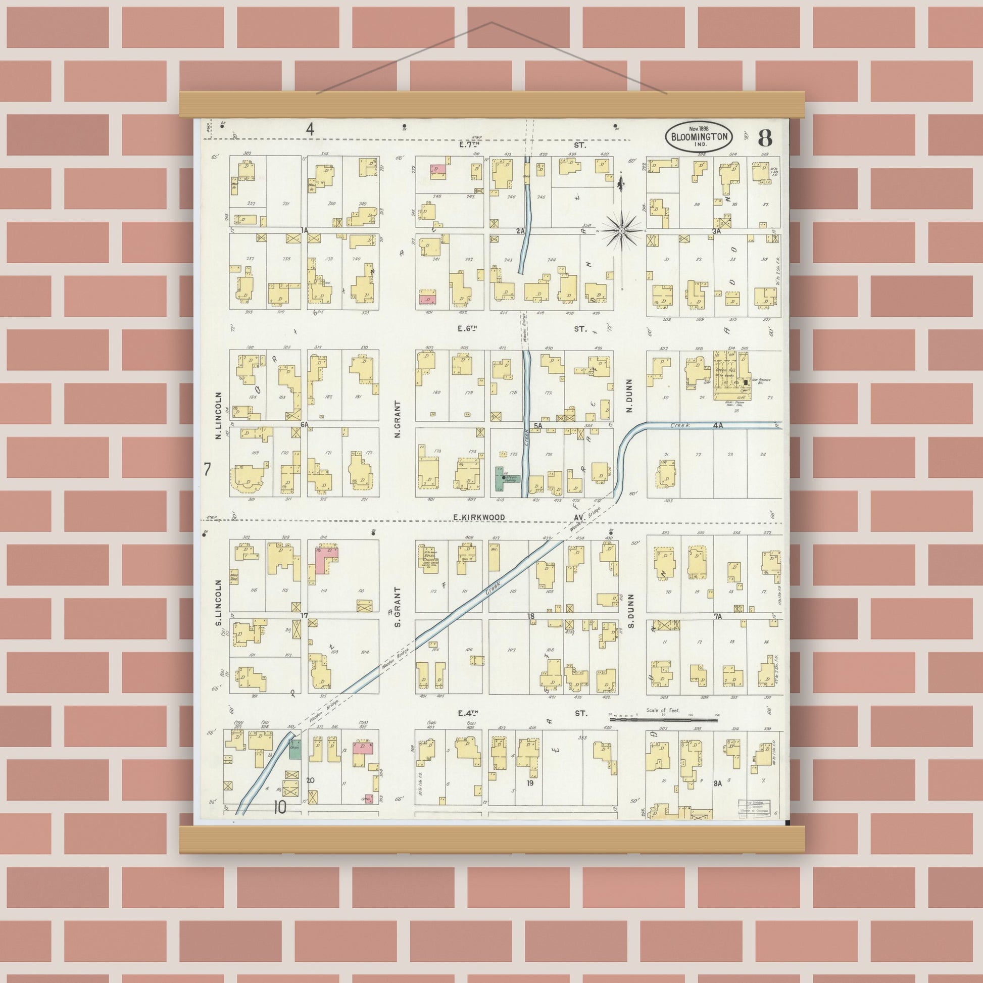 Old map wall art mockup — magnetic wood frame on brick wall — Sanborn Fire Insurance Map from Bloomington, Monroe County, Indiana (1898), Sheet #0008