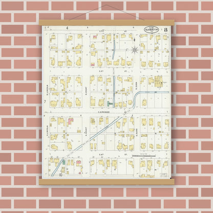 Old map wall art mockup — magnetic wood frame on brick wall — Sanborn Fire Insurance Map from Bloomington, Monroe County, Indiana (1898), Sheet #0008