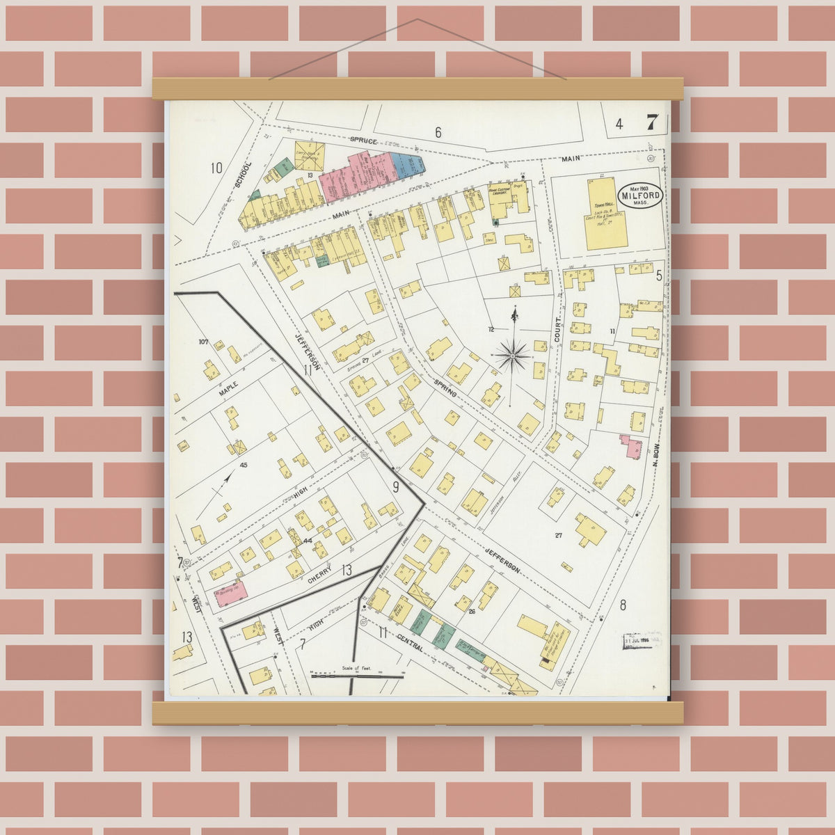 Old map wall art mockup — magnetic wood frame on brick wall — Sanborn Fire Insurance Map from Milford, Worcester County, Massachusetts (1903), Sheet #0007