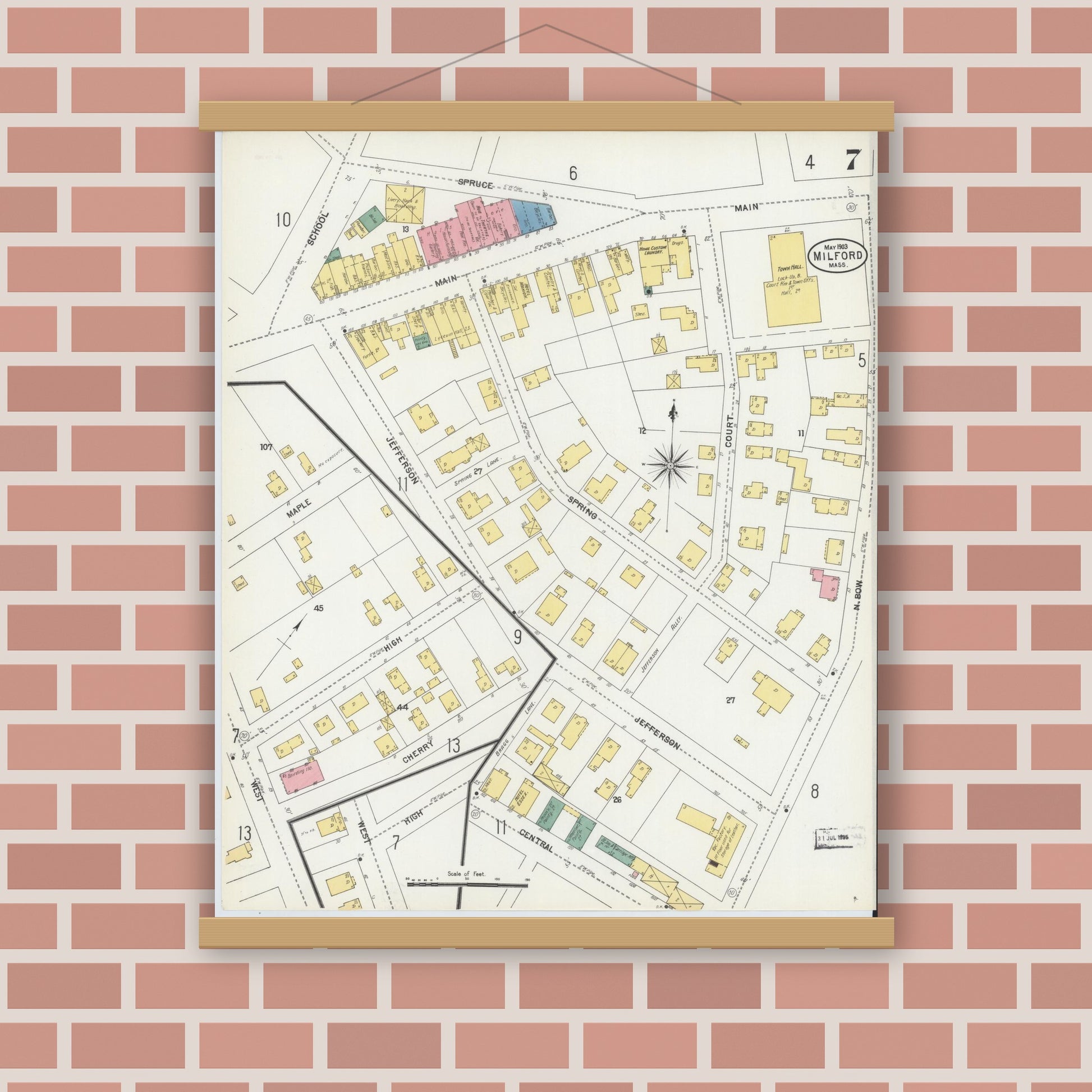 Old map wall art mockup — magnetic wood frame on brick wall — Sanborn Fire Insurance Map from Milford, Worcester County, Massachusetts (1903), Sheet #0007