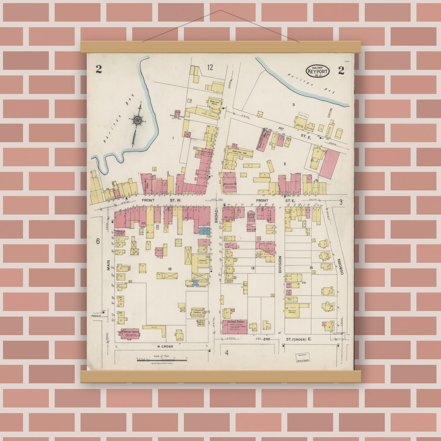 Old map wall art mockup — magnetic wood frame on brick wall — Sanborn Fire Insurance Map from Keyport, Monmouth County, New Jersey (1923), Sheet #0002