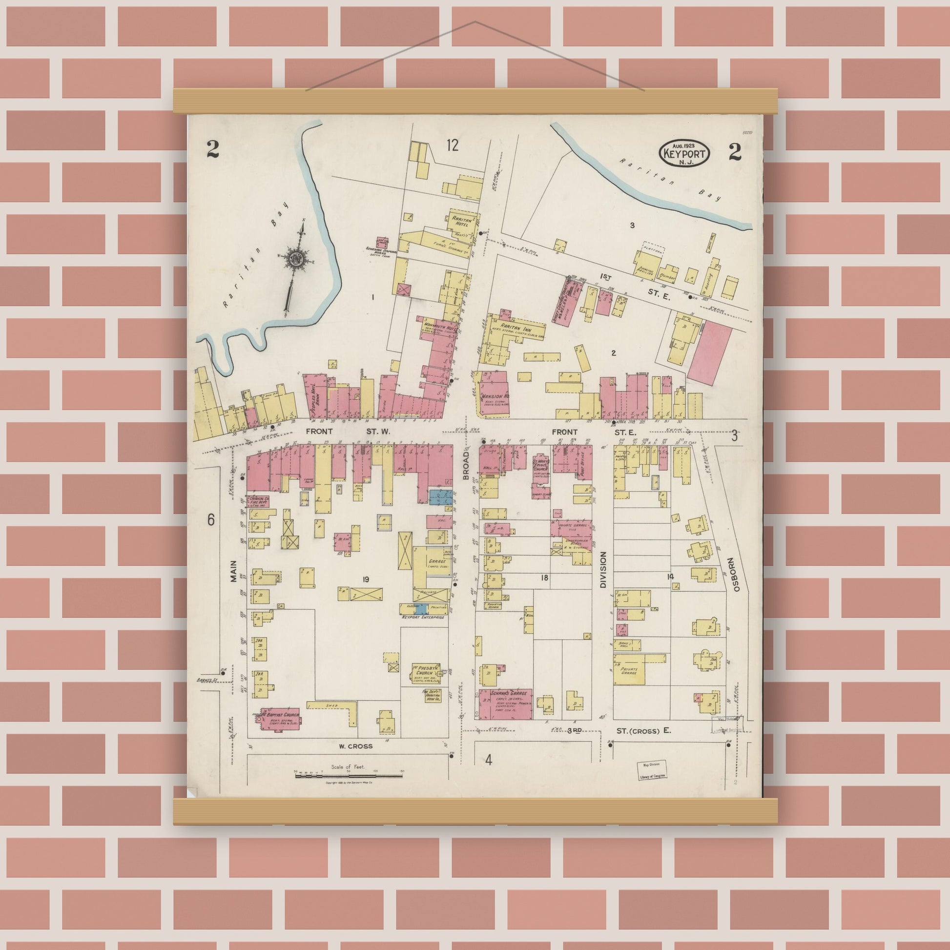 Old map wall art mockup — magnetic wood frame on brick wall — Sanborn Fire Insurance Map from Keyport, Monmouth County, New Jersey (1923), Sheet #0002