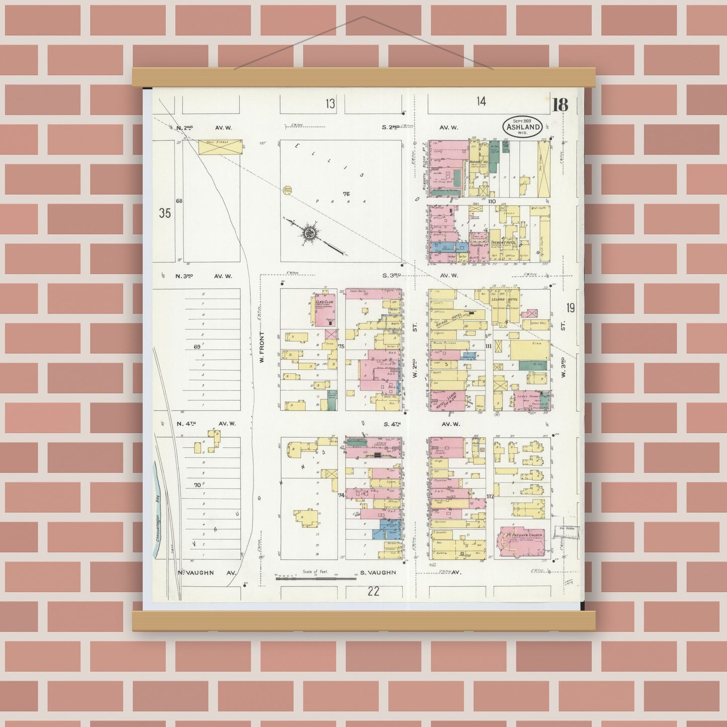 Old map wall art mockup — magnetic wood frame on brick wall — Sanborn Fire Insurance Map from Ashland, Ashland County, Wisconsin (1909), Sheet #0018