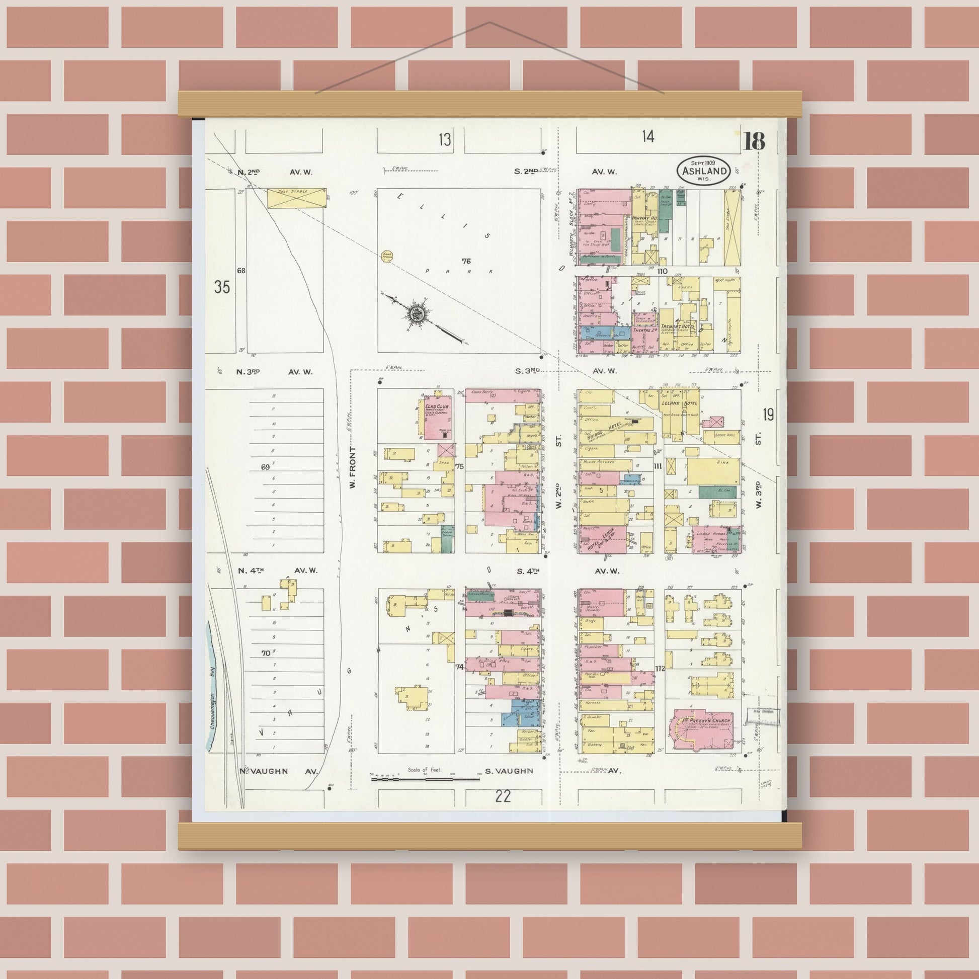 Old map wall art mockup — magnetic wood frame on brick wall — Sanborn Fire Insurance Map from Ashland, Ashland County, Wisconsin (1909), Sheet #0018