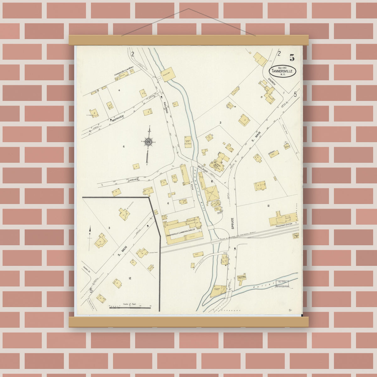 Old map wall art mockup — magnetic wood frame on brick wall — Sanborn Fire Insurance Map from Tannersville, Greene County, New York (1912), Sheet #0005