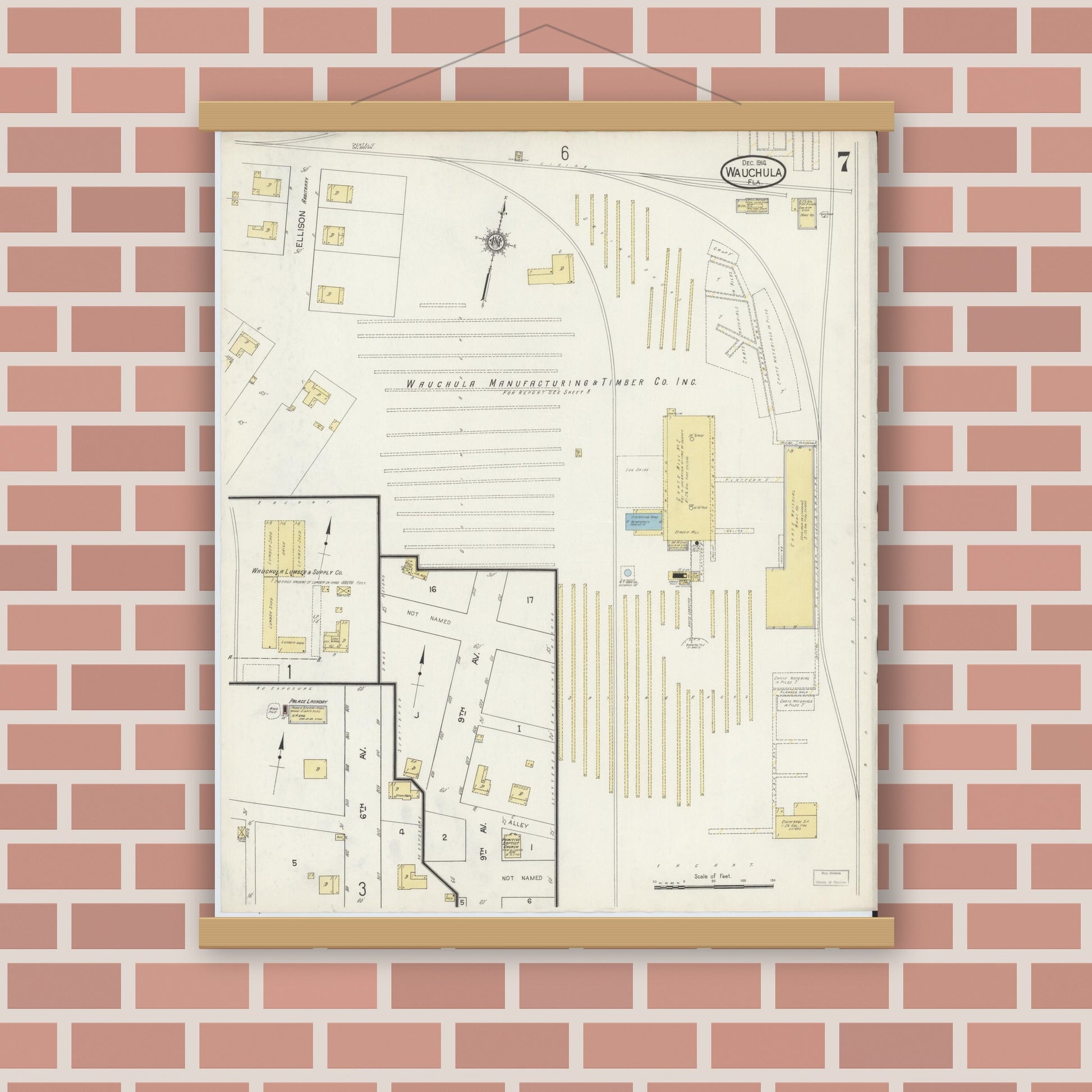 Old map wall art mockup — magnetic wood frame on brick wall — Sanborn Fire Insurance Map from Wauchula, Hardee County, Florida (1914), Sheet #0007