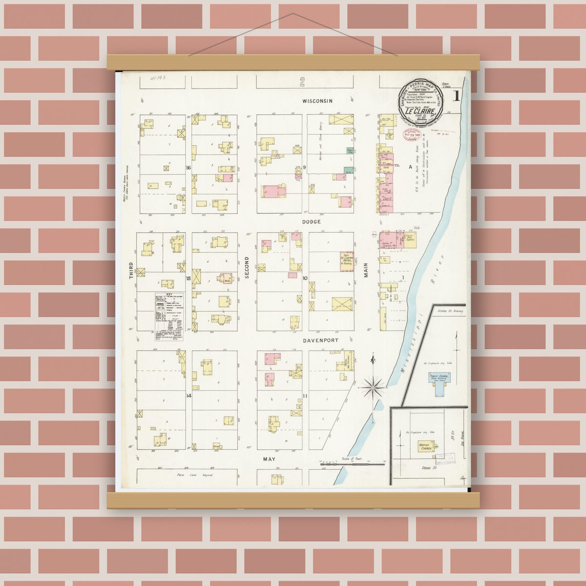 Old map wall art mockup — magnetic wood frame on brick wall — Sanborn Fire Insurance Map from Le Claire, Scott County, Iowa (1895) â€” Complete Set