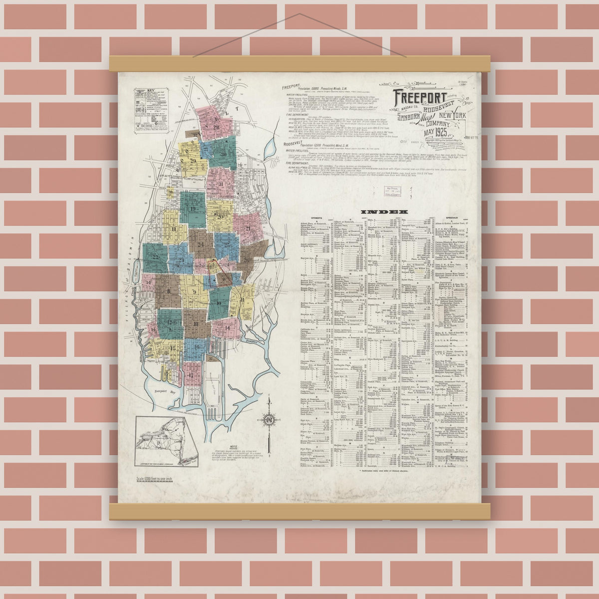 Old map wall art mockup — magnetic wood frame on brick wall — Sanborn Fire Insurance Map from Freeport, Nassau County, New York (1925) - Complete Map Set
