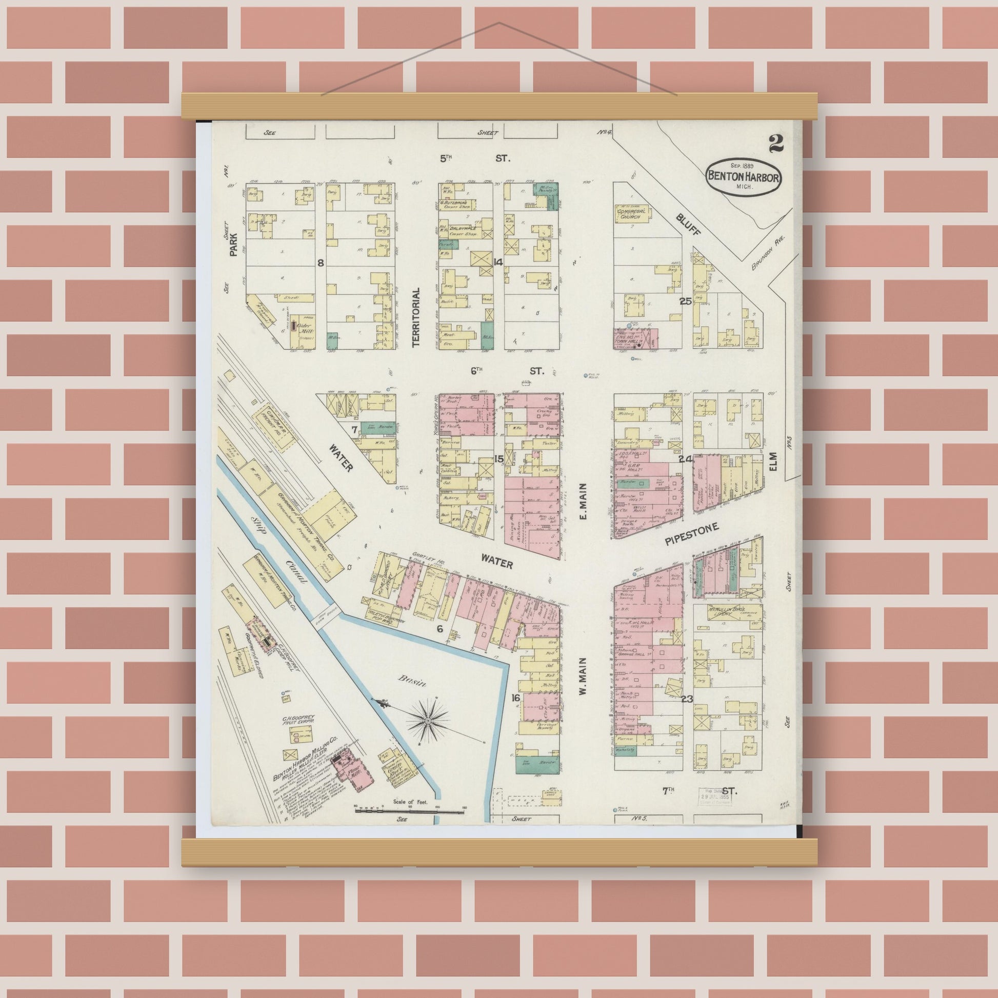 Old map wall art mockup — magnetic wood frame on brick wall — Sanborn Fire Insurance Map from Benton Harbor, Berrien County, Michigan (1889), Sheet #0002