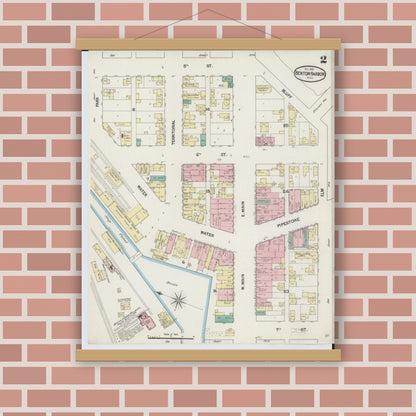 Old map wall art mockup — magnetic wood frame on brick wall — Sanborn Fire Insurance Map from Benton Harbor, Berrien County, Michigan (1889), Sheet #0002