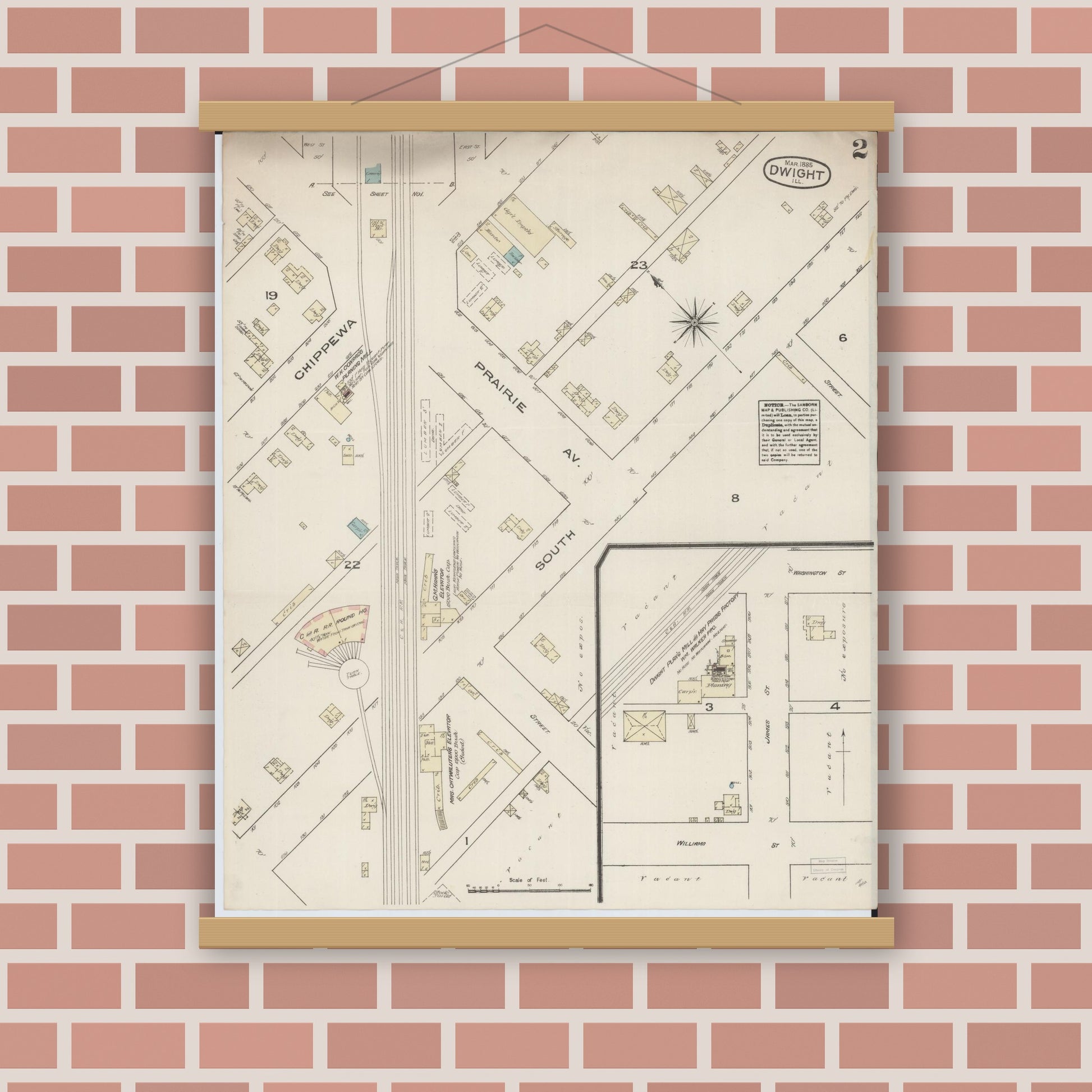 Old map wall art mockup — magnetic wood frame on brick wall — Sanborn Fire Insurance Map from Dwight, Livingston County, Illinois (1885), Sheet #0002