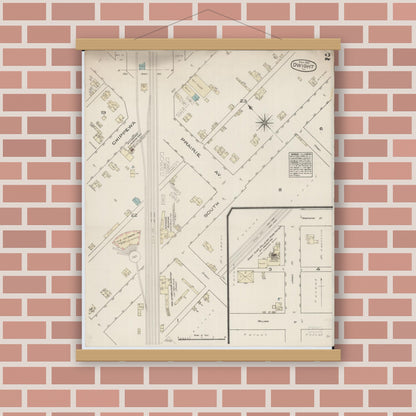 Old map wall art mockup — magnetic wood frame on brick wall — Sanborn Fire Insurance Map from Dwight, Livingston County, Illinois (1885), Sheet #0002