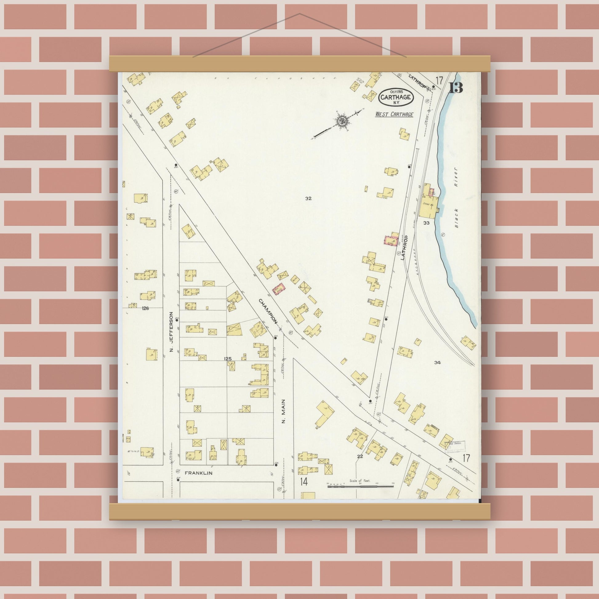 Old map wall art mockup — magnetic wood frame on brick wall — Sanborn Fire Insurance Map from Carthage, Jefferson County, New York (1915), Sheet #0013