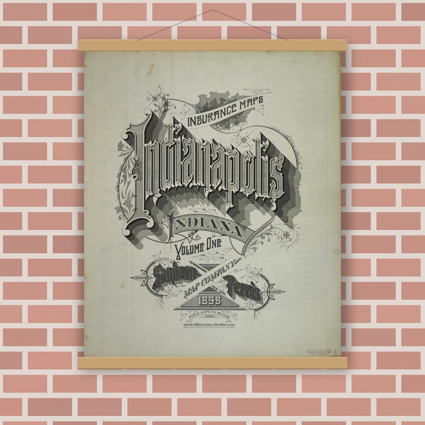 Old map wall art mockup — magnetic wood frame on brick wall — Sanborn Fire Insurance Map from Indianapolis, Marion County, Indiana (1898), Sheet #0001