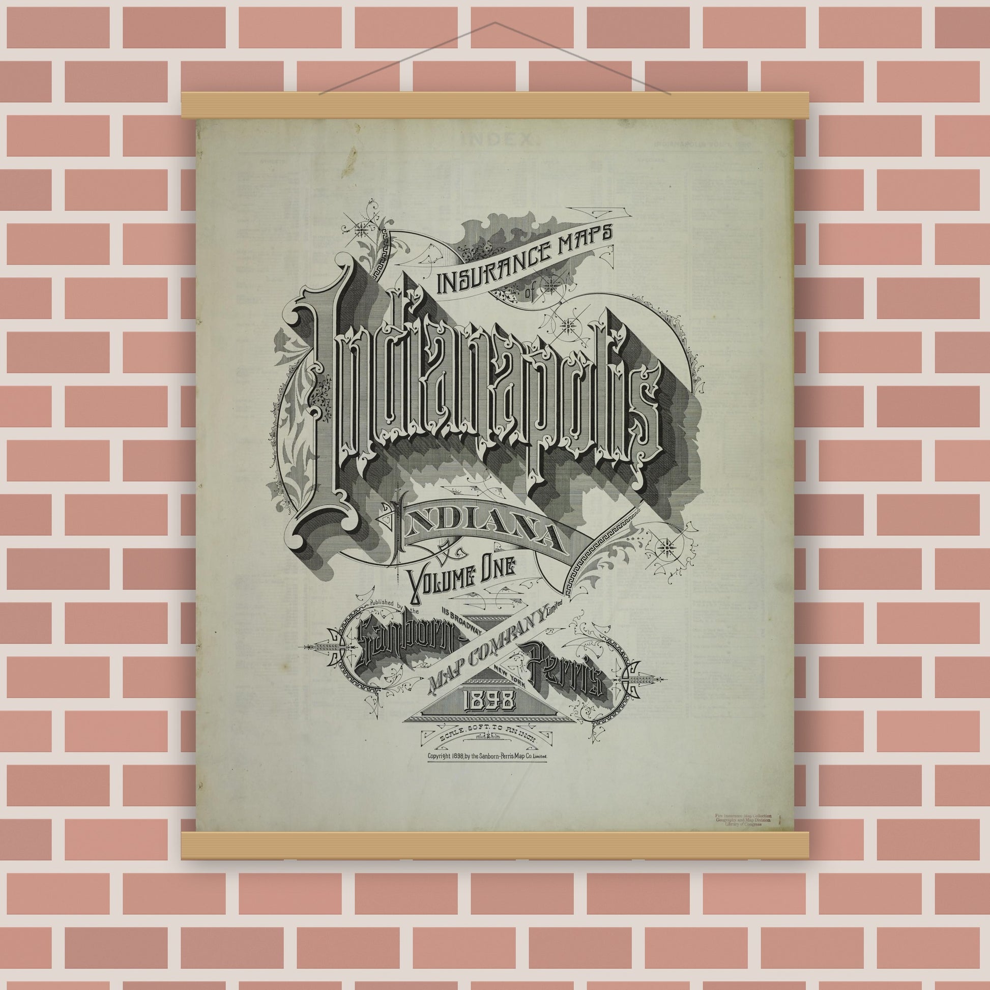 Old map wall art mockup — magnetic wood frame on brick wall — Sanborn Fire Insurance Map from Indianapolis, Marion County, Indiana (1898), Sheet #0001