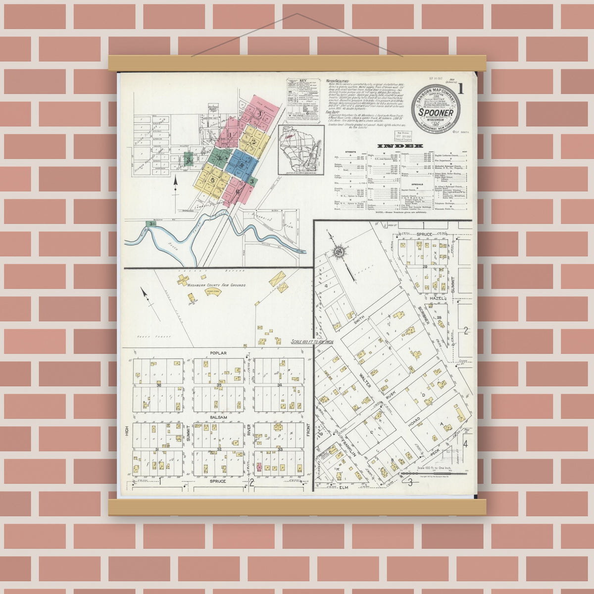 Old map wall art mockup — magnetic wood frame on brick wall — Sanborn Fire Insurance Map from Spooner, Washburn County, Wisconsin (1917) - Complete Map Set