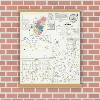 Old map wall art mockup — magnetic wood frame on brick wall — Sanborn Fire Insurance Map from Spooner, Washburn County, Wisconsin (1917) - Complete Map Set