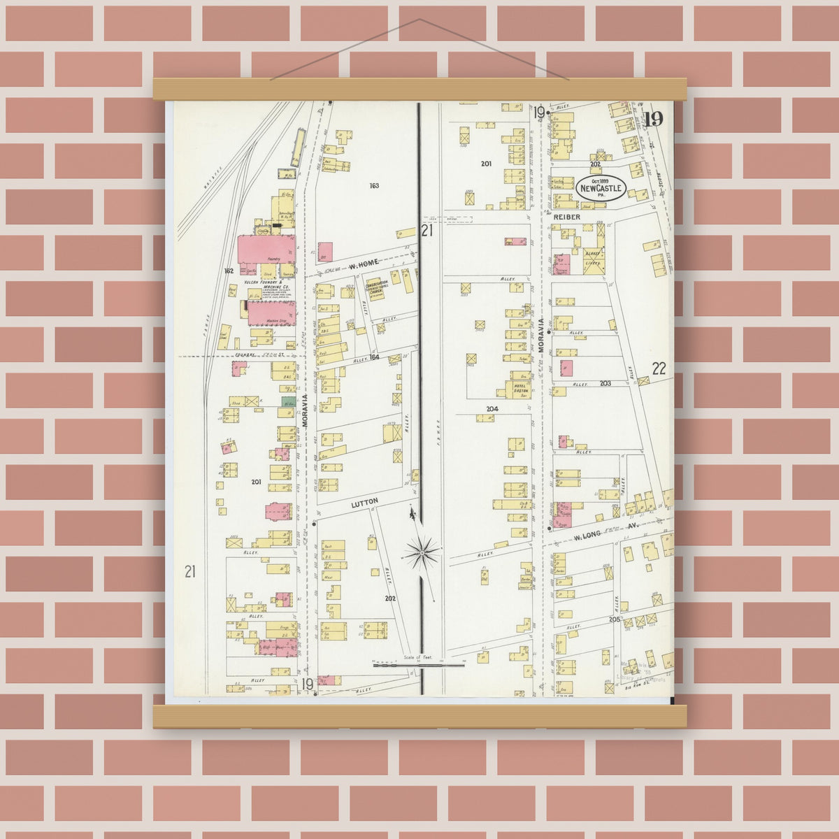 Old map wall art mockup — magnetic wood frame on brick wall — Sanborn Fire Insurance Map from New Castle, Lawrence County, Pennsylvania (1899), Sheet #0019