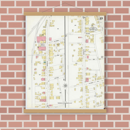 Old map wall art mockup — magnetic wood frame on brick wall — Sanborn Fire Insurance Map from New Castle, Lawrence County, Pennsylvania (1899), Sheet #0019