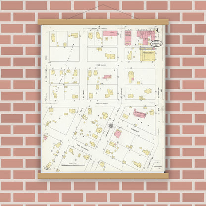 Old map wall art mockup — magnetic wood frame on brick wall — Sanborn Fire Insurance Map from Marshall, Clark County, Illinois (1912), Sheet #0004
