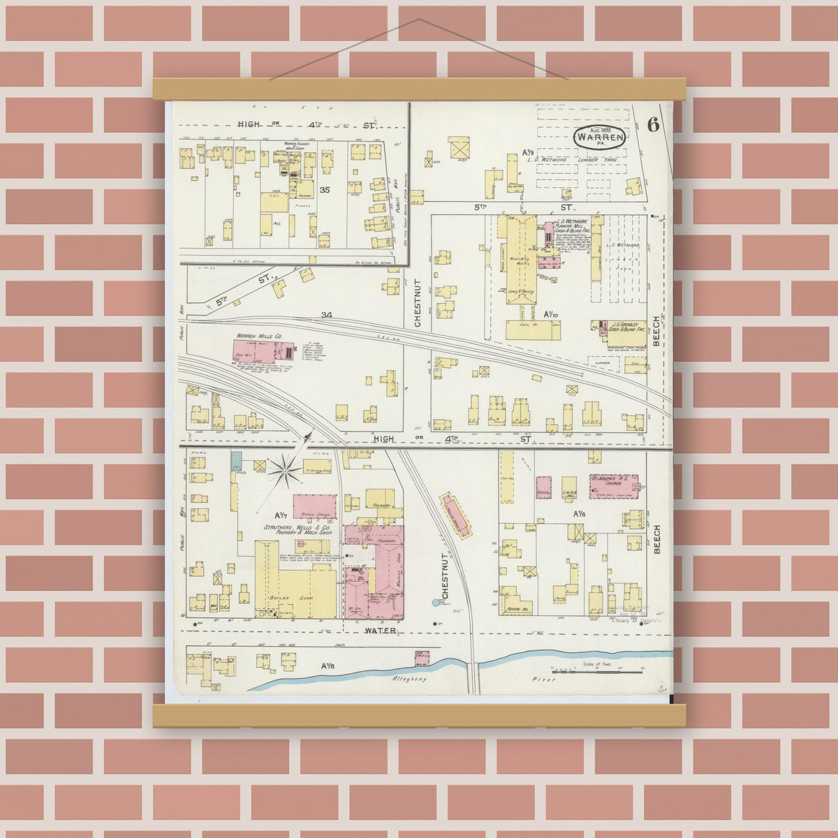 Old map wall art mockup — magnetic wood frame on brick wall — Sanborn Fire Insurance Map from Warren, Warren County, Pennsylvania (1892), Sheet #0006