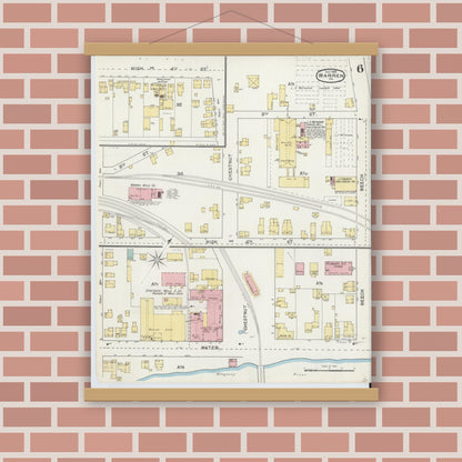 Old map wall art mockup — magnetic wood frame on brick wall — Sanborn Fire Insurance Map from Warren, Warren County, Pennsylvania (1892), Sheet #0006