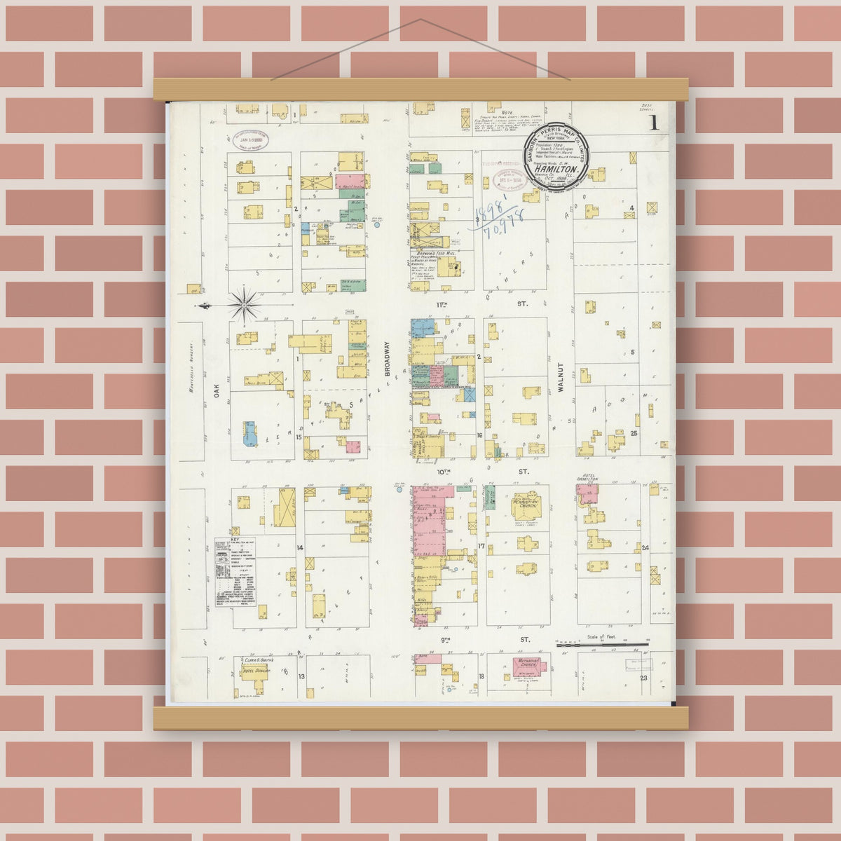 Old map wall art mockup — magnetic wood frame on brick wall — Sanborn Fire Insurance Map from Hamilton, Hancock County, Illinois (1898), Sheet #0001