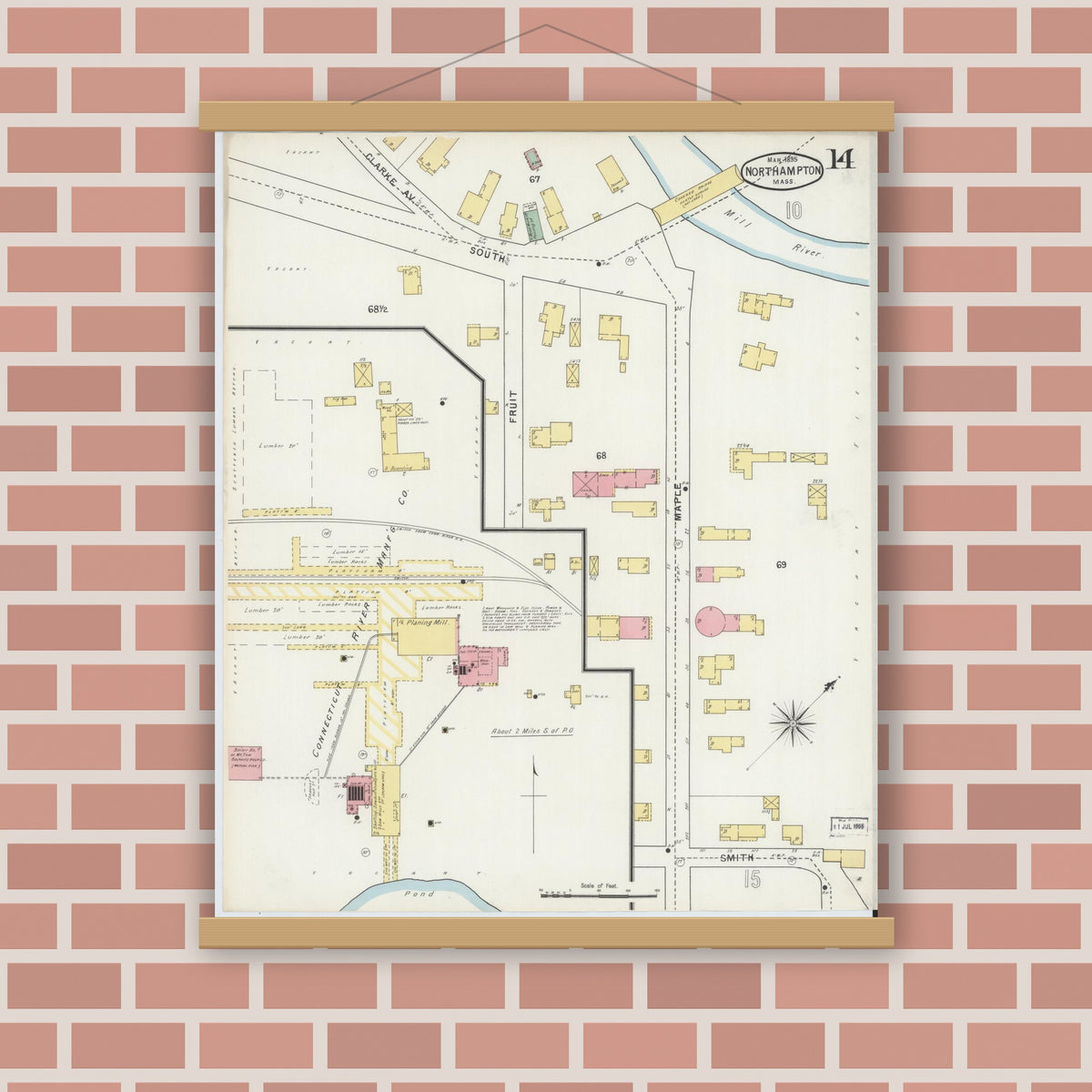 Old map wall art mockup — magnetic wood frame on brick wall — Sanborn Fire Insurance Map from Northampton, Hampshire County, Massachusetts (1895), Sheet #0014