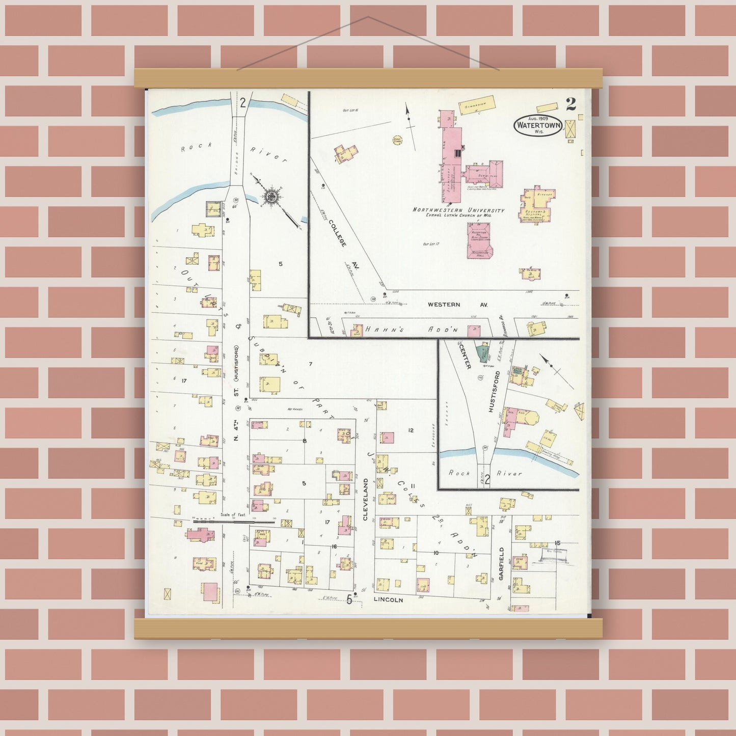 Old map wall art mockup — magnetic wood frame on brick wall — Sanborn Fire Insurance Map from Watertown, Jefferson County, Wisconsin (1909), Sheet #0002