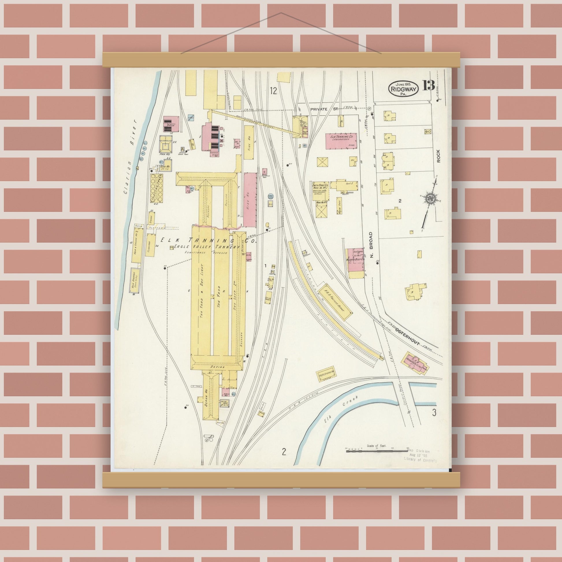 Old map wall art mockup — magnetic wood frame on brick wall — Sanborn Fire Insurance Map from Ridgway, Elk County, Pennsylvania (1915), Sheet #0013