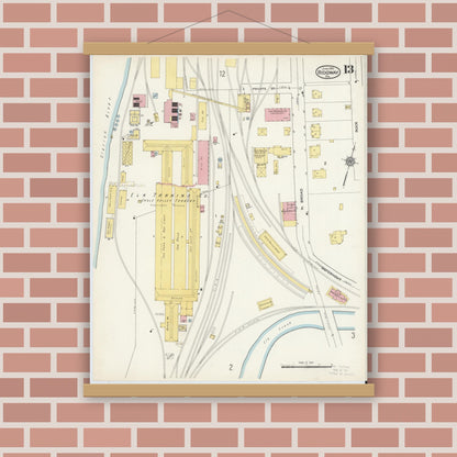 Old map wall art mockup — magnetic wood frame on brick wall — Sanborn Fire Insurance Map from Ridgway, Elk County, Pennsylvania (1915), Sheet #0013