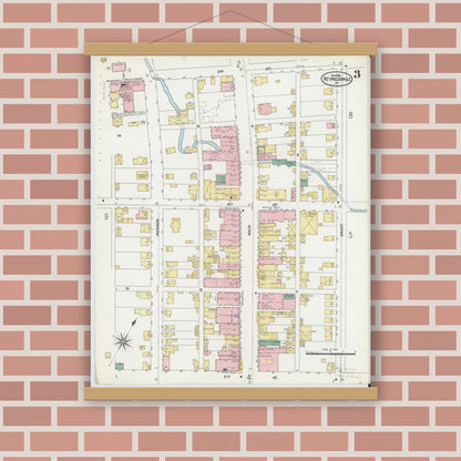 Old map wall art mockup — magnetic wood frame on brick wall — Sanborn Fire Insurance Map from Reynoldsville, Jefferson County, Pennsylvania (1906), Sheet #0003
