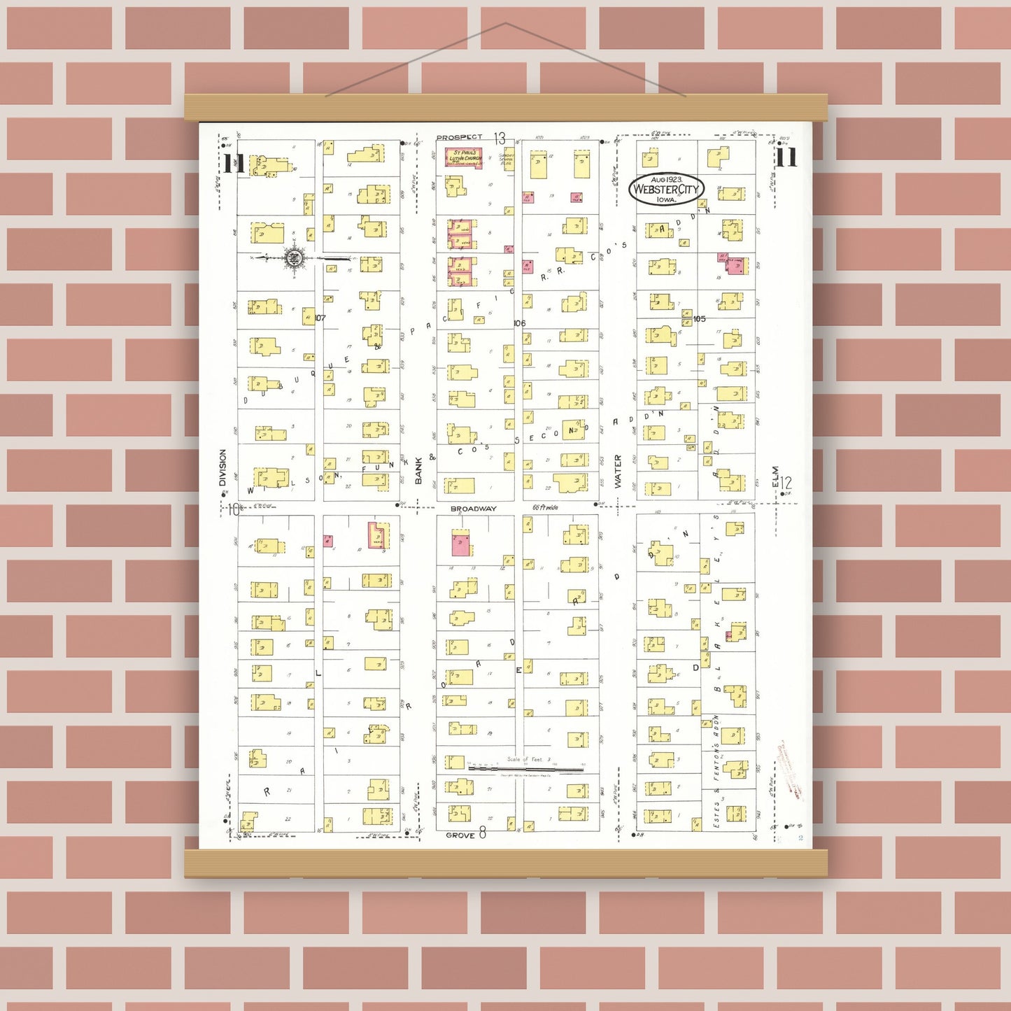Old map wall art mockup — magnetic wood frame on brick wall — Sanborn Fire Insurance Map from Webster City, Hamilton County, Iowa (1923), Sheet #0011