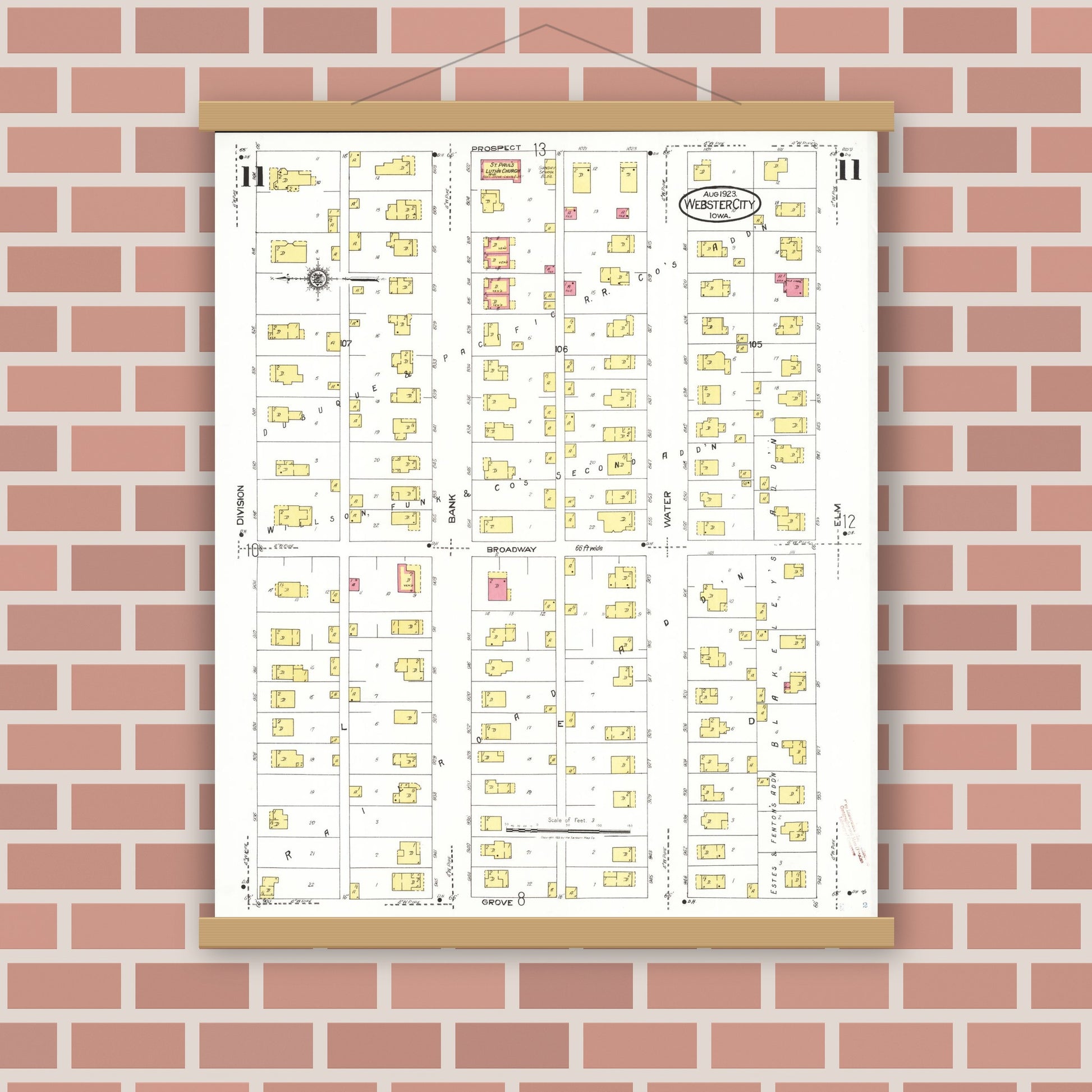 Old map wall art mockup — magnetic wood frame on brick wall — Sanborn Fire Insurance Map from Webster City, Hamilton County, Iowa (1923), Sheet #0011