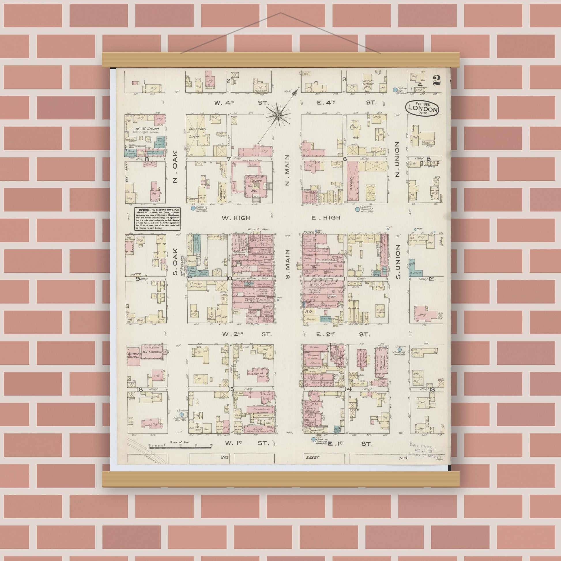 Old map wall art mockup — magnetic wood frame on brick wall — Sanborn Fire Insurance Map from London, Madison County, Ohio (1885), Sheet #0002