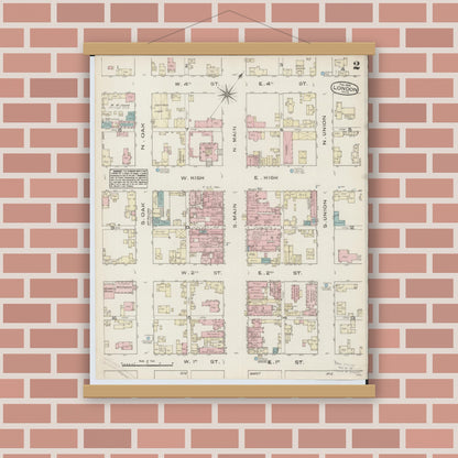 Old map wall art mockup — magnetic wood frame on brick wall — Sanborn Fire Insurance Map from London, Madison County, Ohio (1885), Sheet #0002