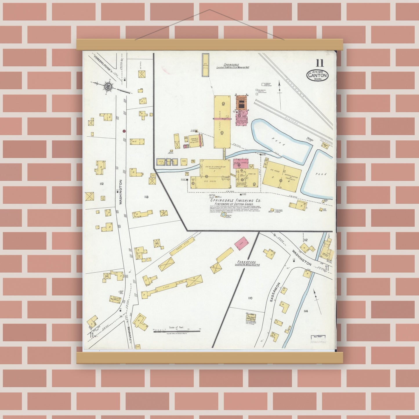 Old map wall art mockup — magnetic wood frame on brick wall — Sanborn Fire Insurance Map from Canton, Norfolk County, Massachusetts (1919), Sheet #0011