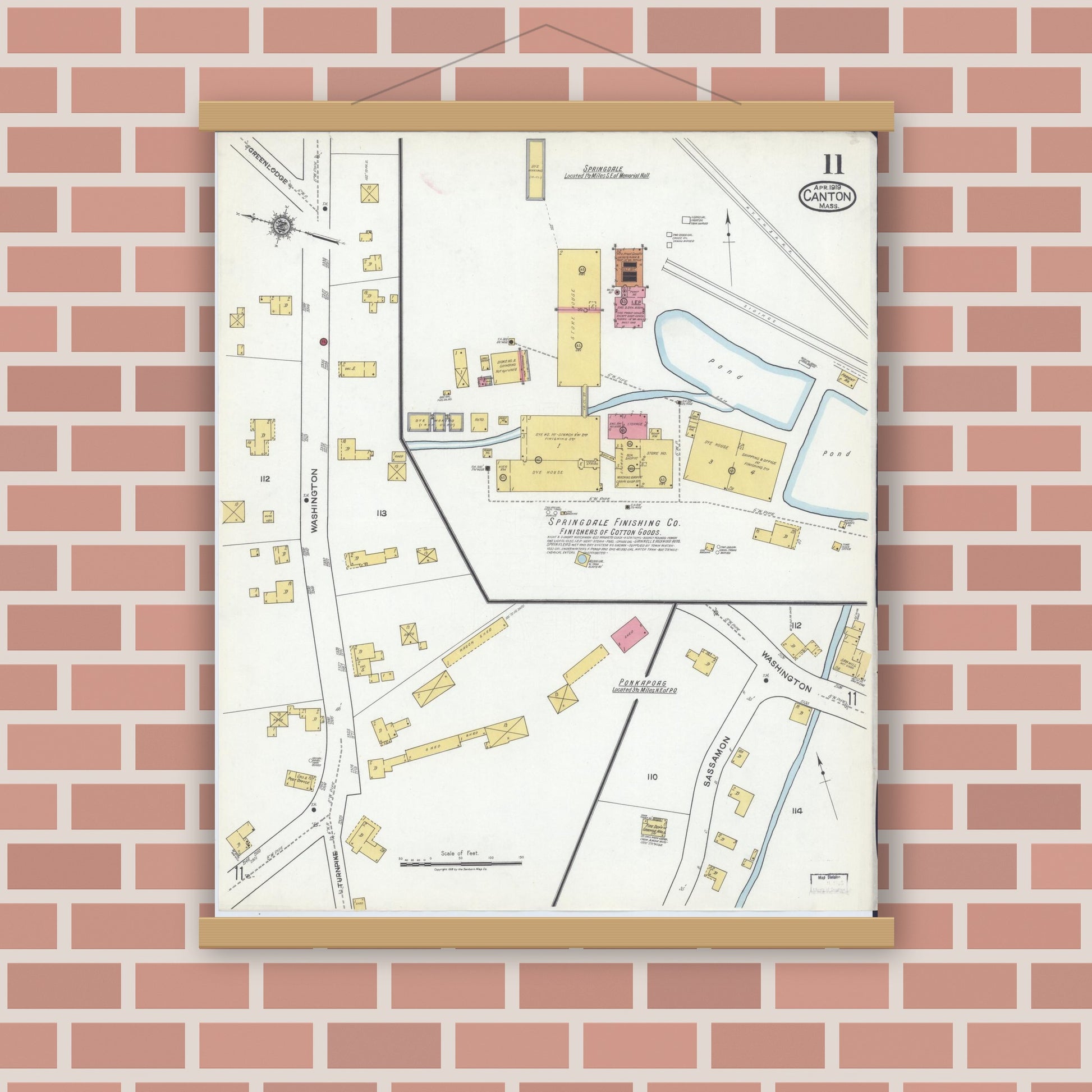 Old map wall art mockup — magnetic wood frame on brick wall — Sanborn Fire Insurance Map from Canton, Norfolk County, Massachusetts (1919), Sheet #0011