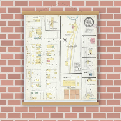 Old map wall art mockup — magnetic wood frame on brick wall — Sanborn Fire Insurance Map from Farwell, Clare County, Michigan (1908), Sheet #0001