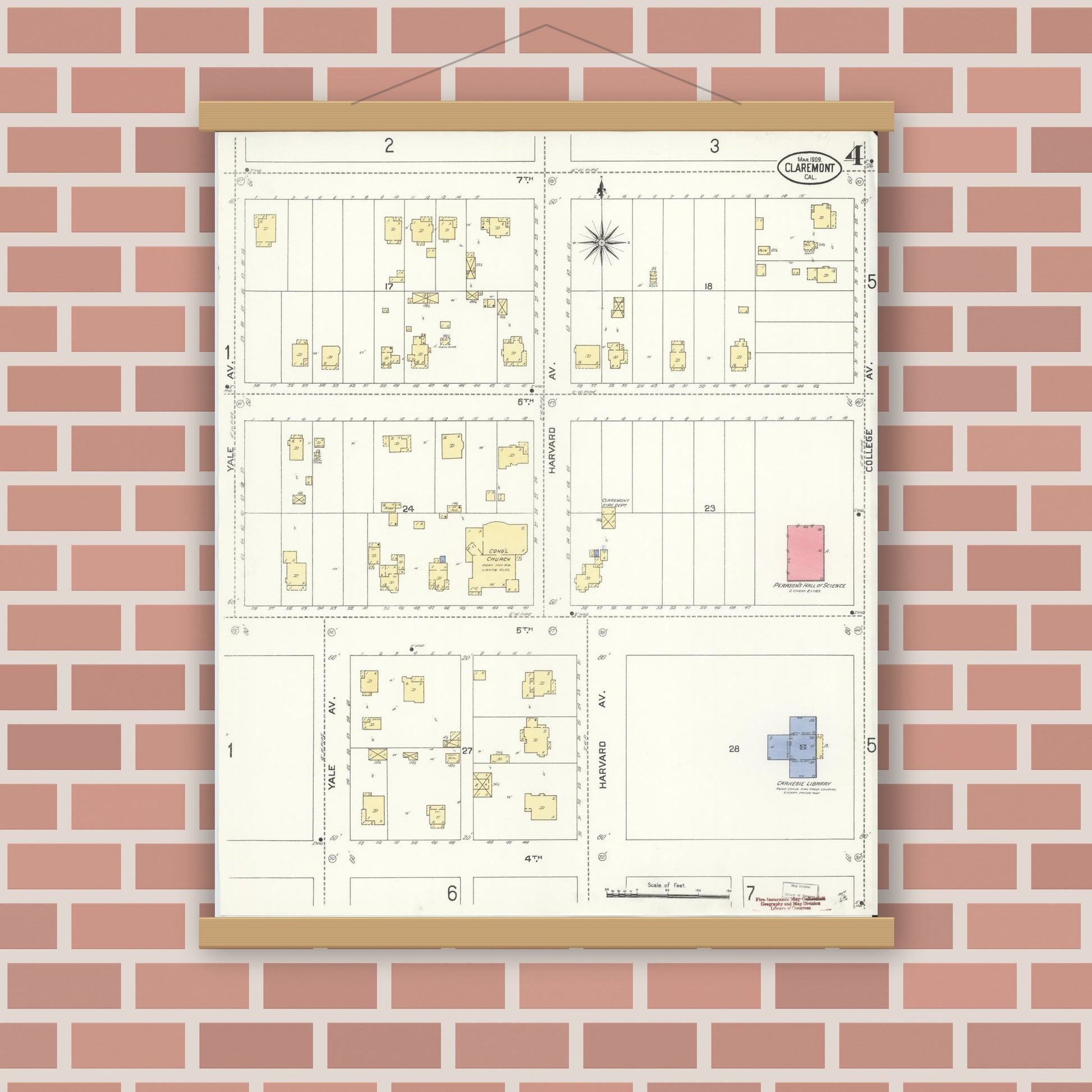 Old map wall art mockup — magnetic wood frame on brick wall — Sanborn Fire Insurance Map from Claremont, Los Angeles County, California (1909), Sheet #0004