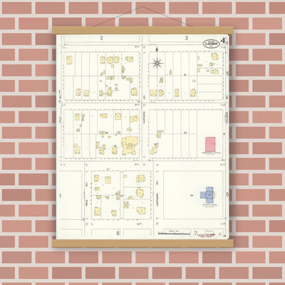 Old map wall art mockup — magnetic wood frame on brick wall — Sanborn Fire Insurance Map from Claremont, Los Angeles County, California (1909), Sheet #0004